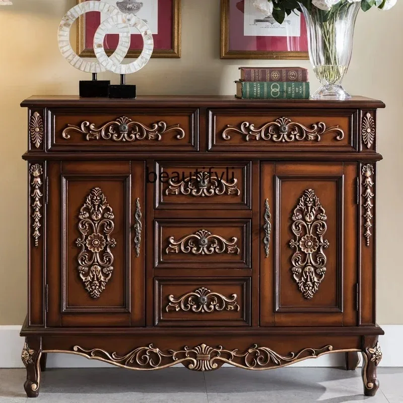 lhy 26 new CXH Solid Wood American Entrance Cabinet Shoe Cabinet Vintage Dining Cabinet Carved Gold Entrance Hall Furniture ss 2