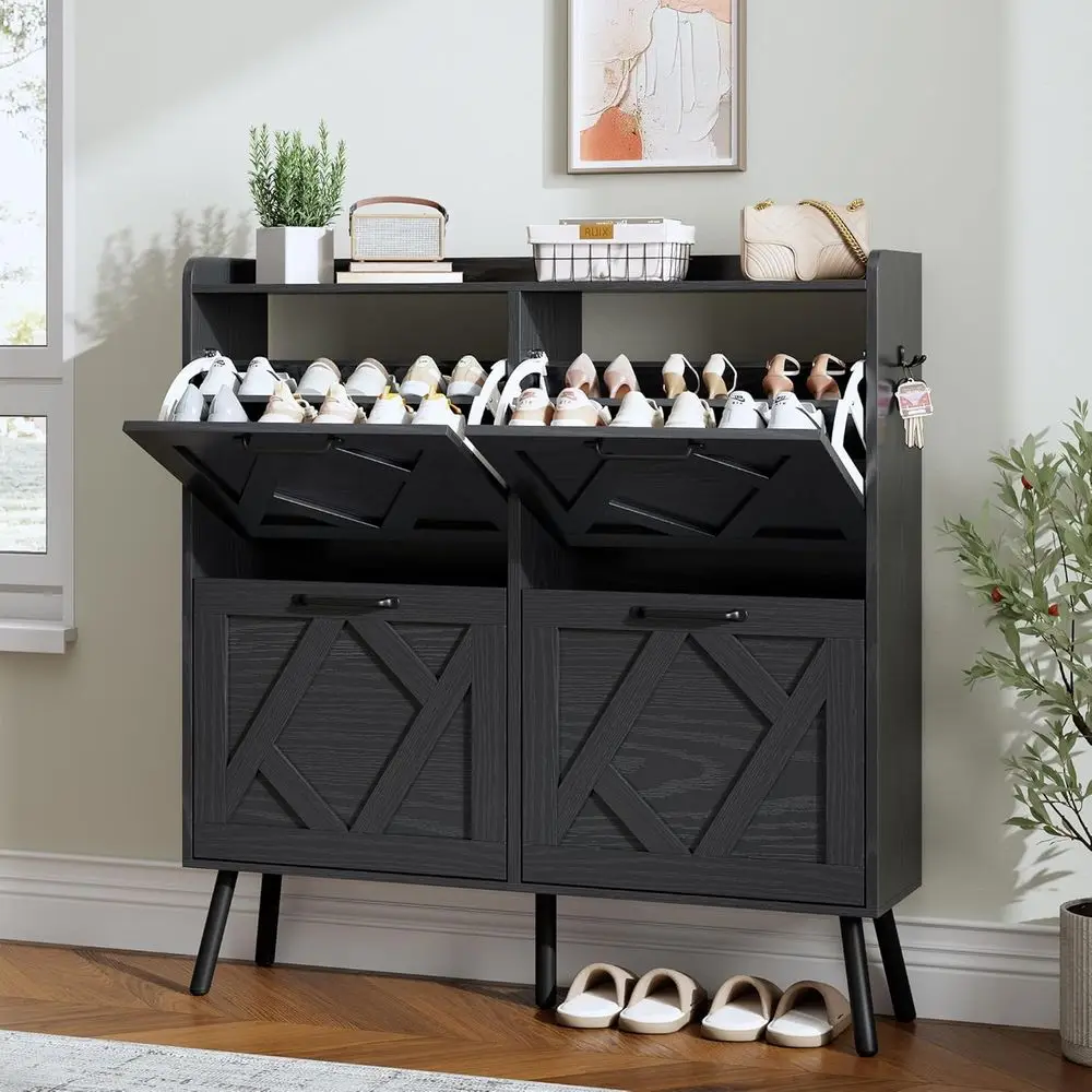 

Narrow Metal Leg Shoe Storage Cabinet for Entryway, Hallway, 4-Tier, Black