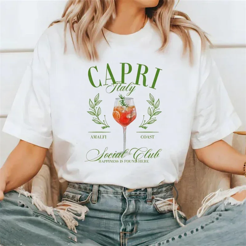 Capri Italy Printed Pattern Trend Top Short Sleeved Women's Beach Travel Print 2024 New Summer O-Neck Style Casual Fun T-Shirt.