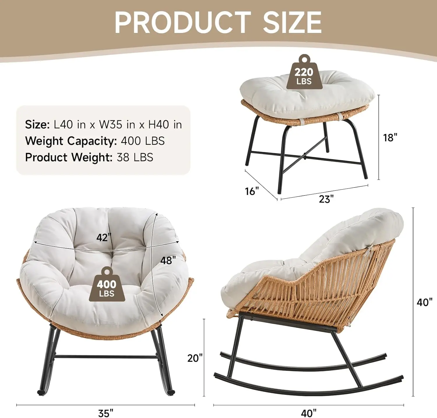 Indoor/Outdoor Living Room Rocking Chair with Ottoman, Padded Cushion, Cream White, Oversized Papasan