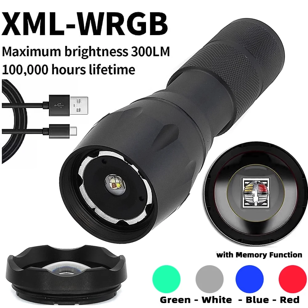 Flashlight Type-c Rechargeable, 4 in 1 White Light and Blue Lights and Green Lights and Red LED, 4 Modes