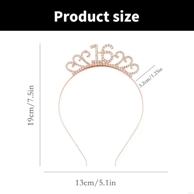 M6CD 블링 블링 브라이트 16 머리띠 여성용 퀸 헤드 피스 헤어 밴드 우아한 16 번째 생일 arty Hair Hoop Birthday Girl