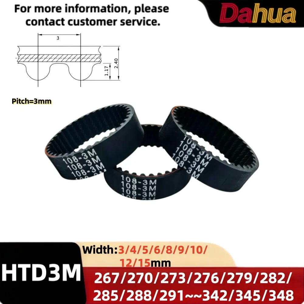 HTD3M Timing Belt 267/270~345/348mm Width 3/4/5/6/8/9/10/12/15mm Rubber Closed Loop Timing Belt 3mm Pitch for 3D Printer CNC Par