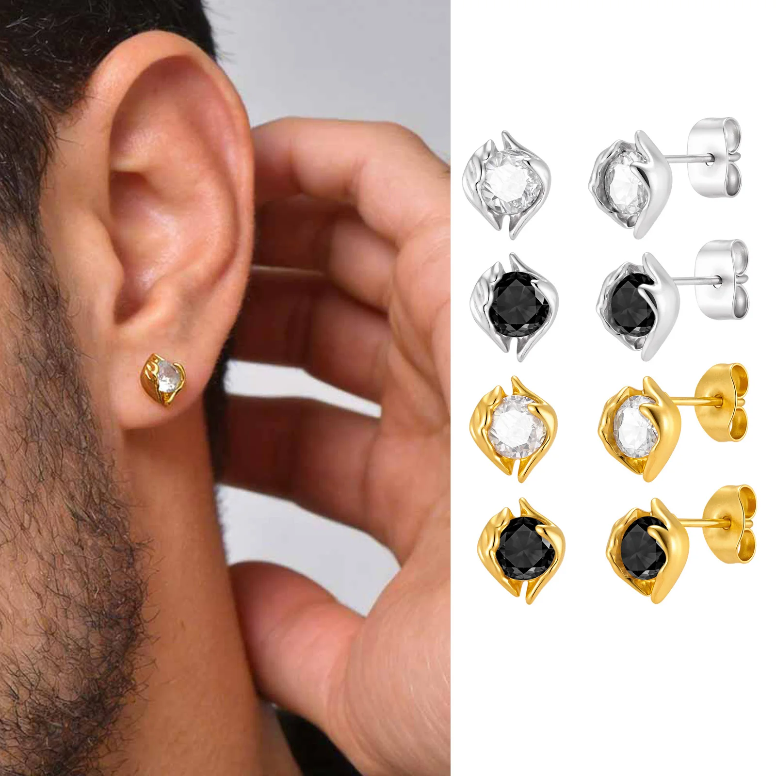 Hiphop Crystal Zircon Stud Earrings for Men Boys,Minimalist CZ Small Metal Stud Earrings with Butterfly Ear Backs