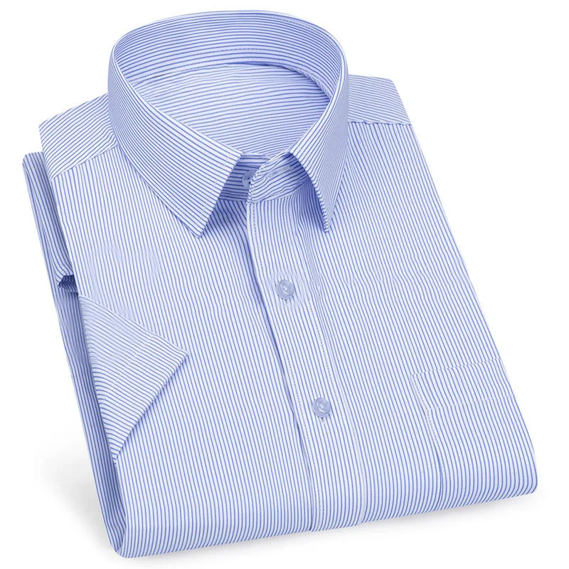 Mens Business Casual Short Sleeve Shirt Classic Plaid Striped Checked Male Social Dress Shirts Purple Blue 5XL Plus Large Size