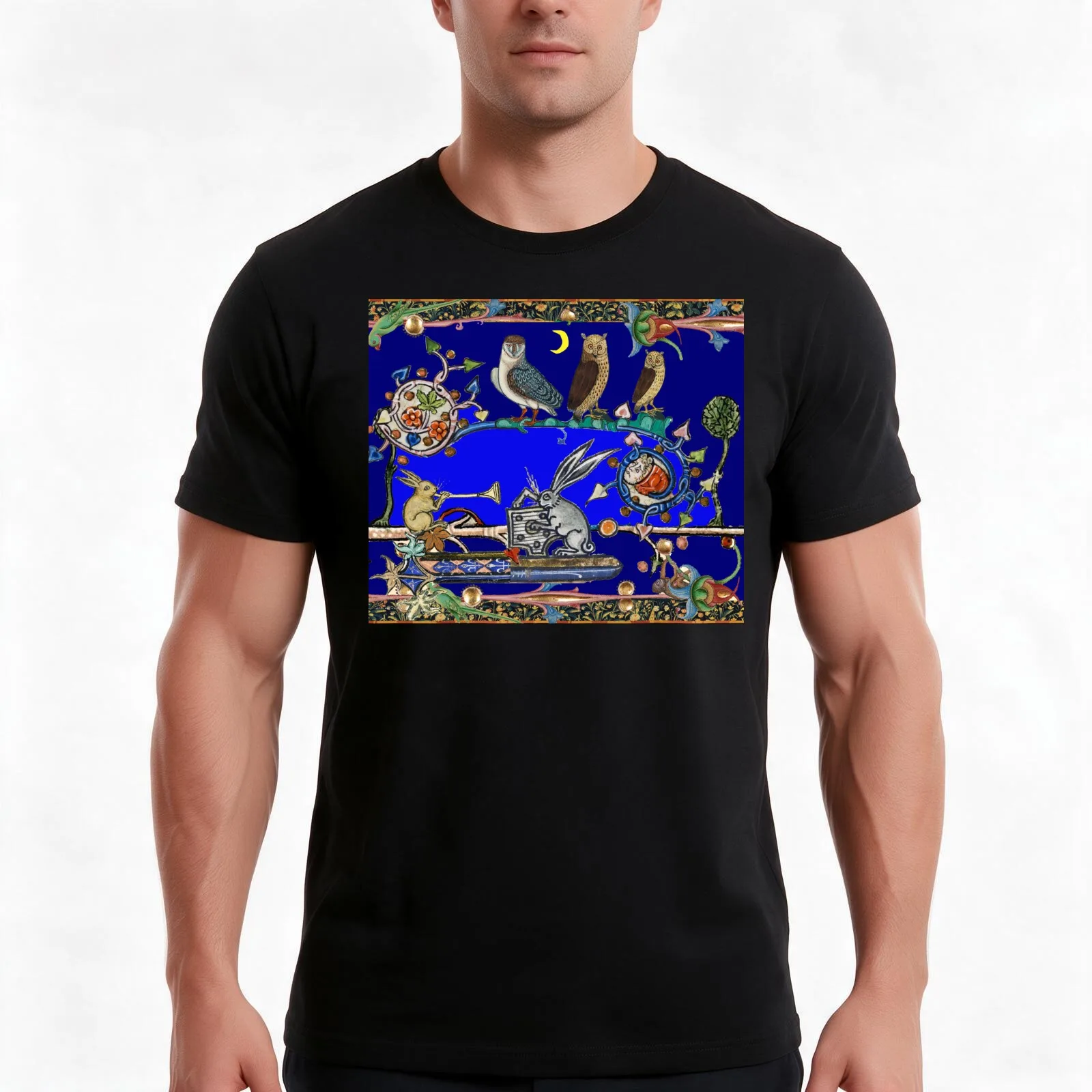 WEIRD MEDIEVAL BESTIARY MAKING MUSIC Three Owls And Night Concert of Rabbits T-Shirt Summer Casual Cotton Tee 100% Cotton
