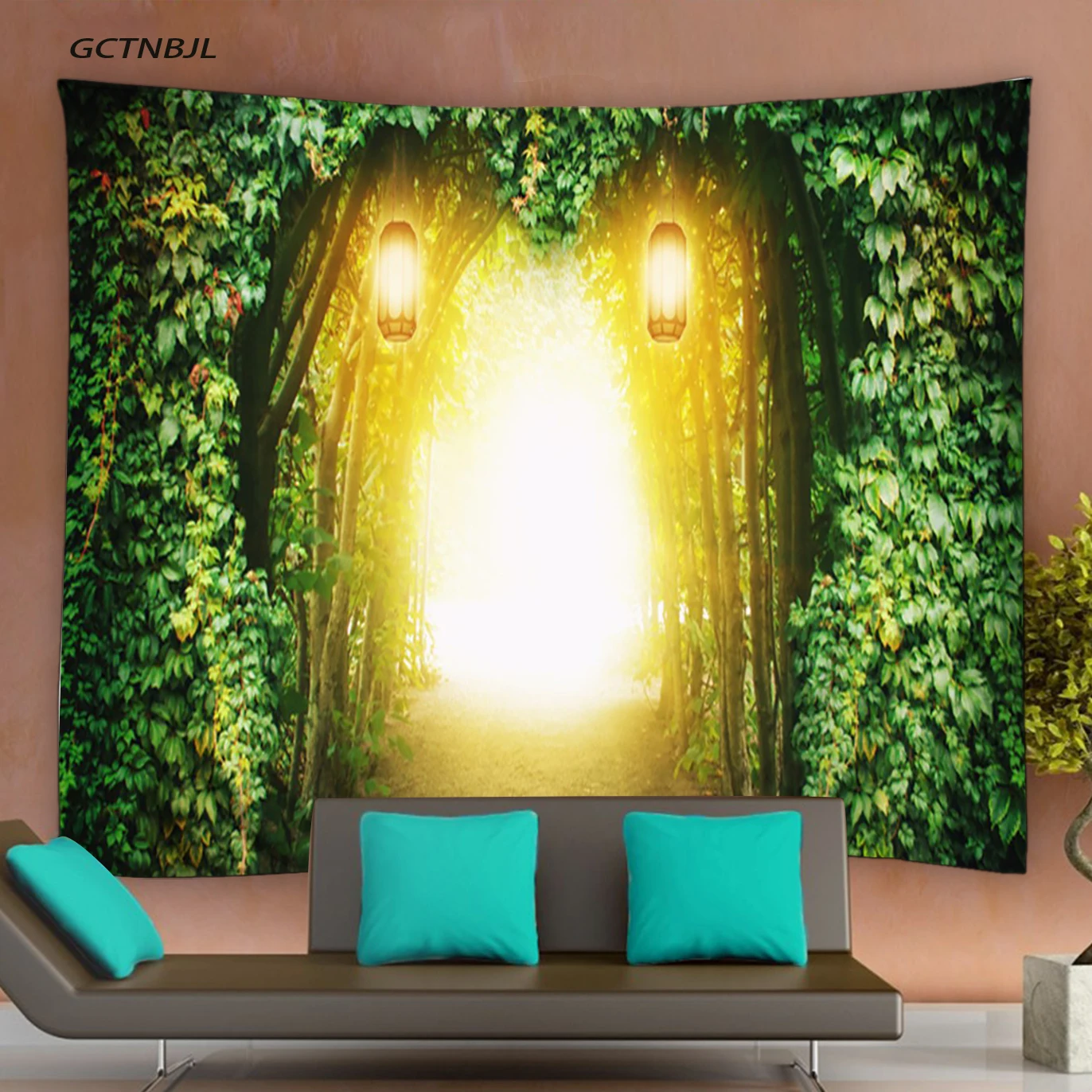 

Forest Green Leaf Vine Arch Door Tapestry Wall Hanging Golden Lighting Light Fantasy View Wall Tapestry Home Decor for Bedroom