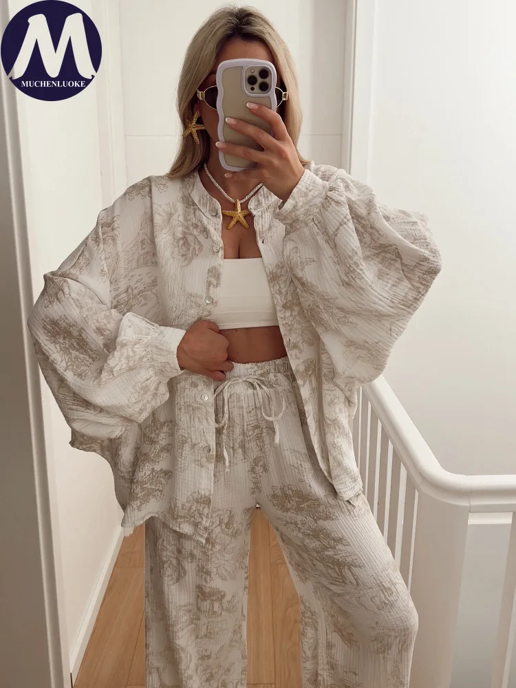 2 Pieces Set for Woman Summer Autumn New Casual Printed Long Sleeved Shirt Tops  Suits Fashionable Loose Wide Leg Pants Sets