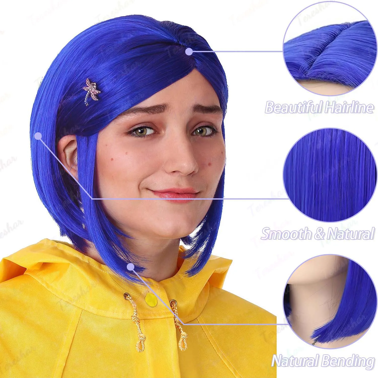 باروكة بوب صناعية باللون الأزرق الداكن مع 1 * دبوس شعر + 1 * باروكات قصيرة مستقيمة للنساء والفتيات أزياء تنكرية لحفلات الهالوين أو المرح