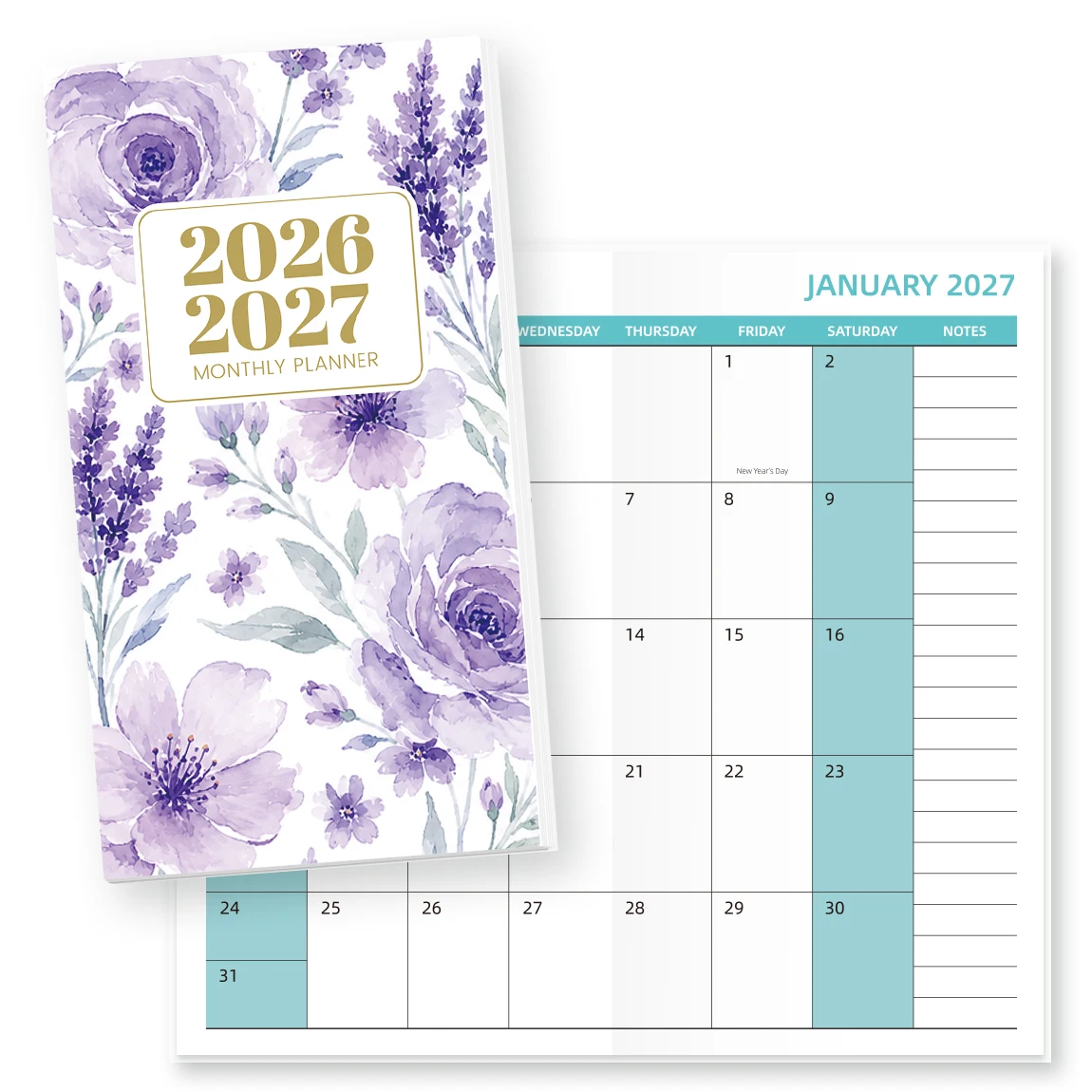 1PC A6 2026-2027 Monthly Planner, Jul 2026-Aug 2027 Pocket Calendar with Notes, Holidays, Purple Floral Cover