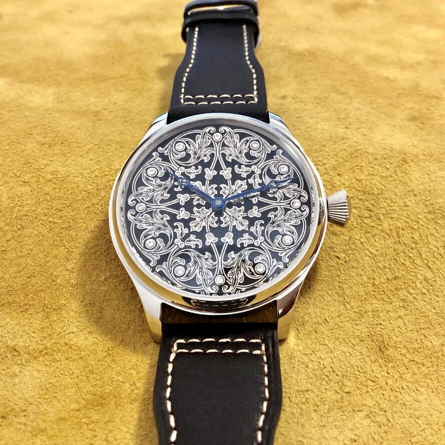 44mm New Sapphire Crystal Or Mineral Glass No Logo Carved Dial Asian 6497 Mechanical Movement Men\'s Pilot Watch GR14-22