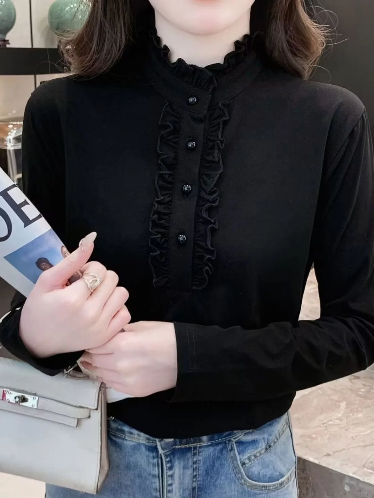 Slimming Long Sleeve High Collar Velvet Women's Base Shirt Fashionable Autumn Winter Mom T-Shirt Commute Style  Color