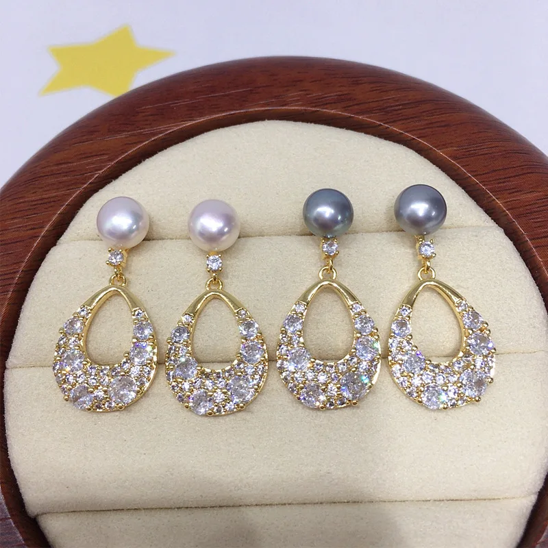 wu lingzhi Natural Fresh Water Pearl Earrings Luxury Fresh Water Pearl Stud Earrings Female 18K Gold Plate Zircons 925 Silver