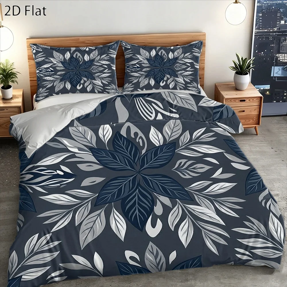 3Pc Simple Blue-Gray Plant Leaf Pattern Duvet Cover Set, Three-Piece Bed Set (1*Duvet Cover + 2*Pillowcases), Suitable for All Seasons, Machine Washable, Invisible Zipper Double Bed Cover, Suitable for Home, Dormitory, Master Bedroom, Guest Room, Large Bed Set, Fresh Natural Print Bedding, Comfortable, Skin-Friendly, Breathable Bedding Set, Nordic Style Minimalist Bedding, Fashionable Floral Pattern Duvet Cover, Hot-Selling Three-Piece Bedding Set, High-Quality Bedding Set, Easy to Care for