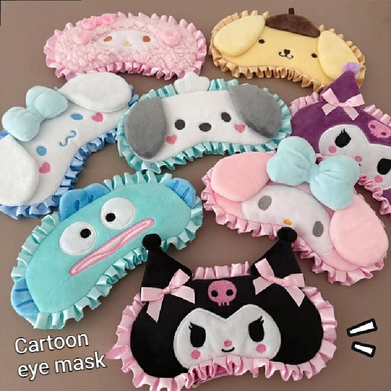 New Sanrio Cartoon Blindfold Cute Plush Furbelow Eye Mask Cinnamoroll Kuromi Plush Sleep Blindfolds Apply Eye Protection Pillow