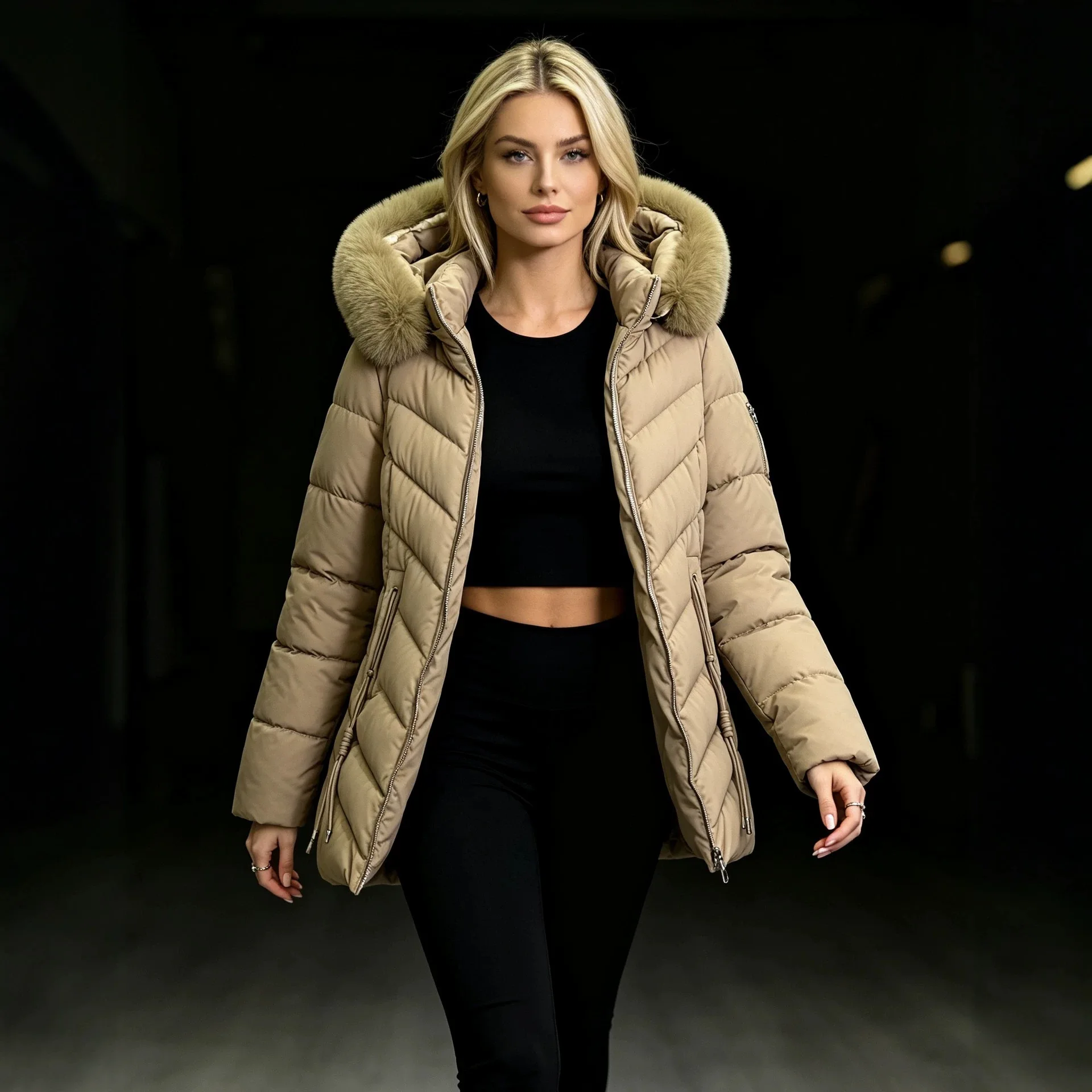 Korean New Women's Coat 2026 Winter Puffer Jacket Cotton Padded Clothes Big Fur Collar Hooded Warm Thick Parkas Female Outerwear