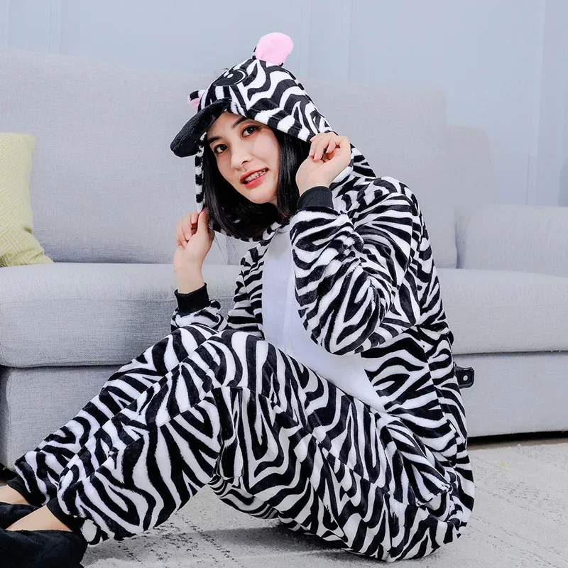 Adult Onesie Pajamas Cartoon Zebra Cosplay Costume Animal Warm Plush Homewear Sleepwear Jumpsuit for Men Women Girls Boys Teens