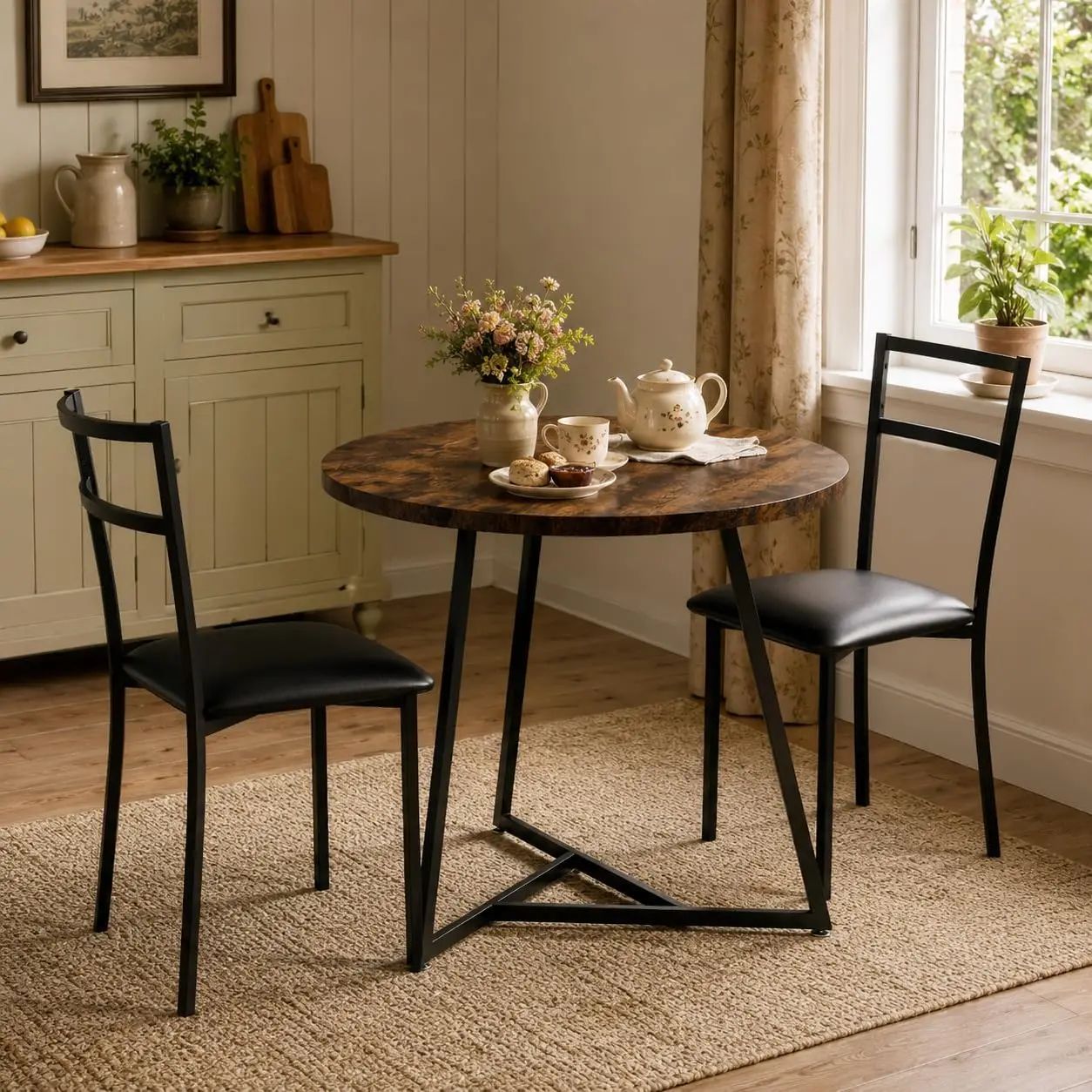 Set da pranzo composto da 3 pezzi: tavolo da cucina rotondo e 2 sedie imbottite, ideale per due persone, per cucine e sale da pranzo, ottimo per ambienti piccoli, appartamenti, studi, uffici
