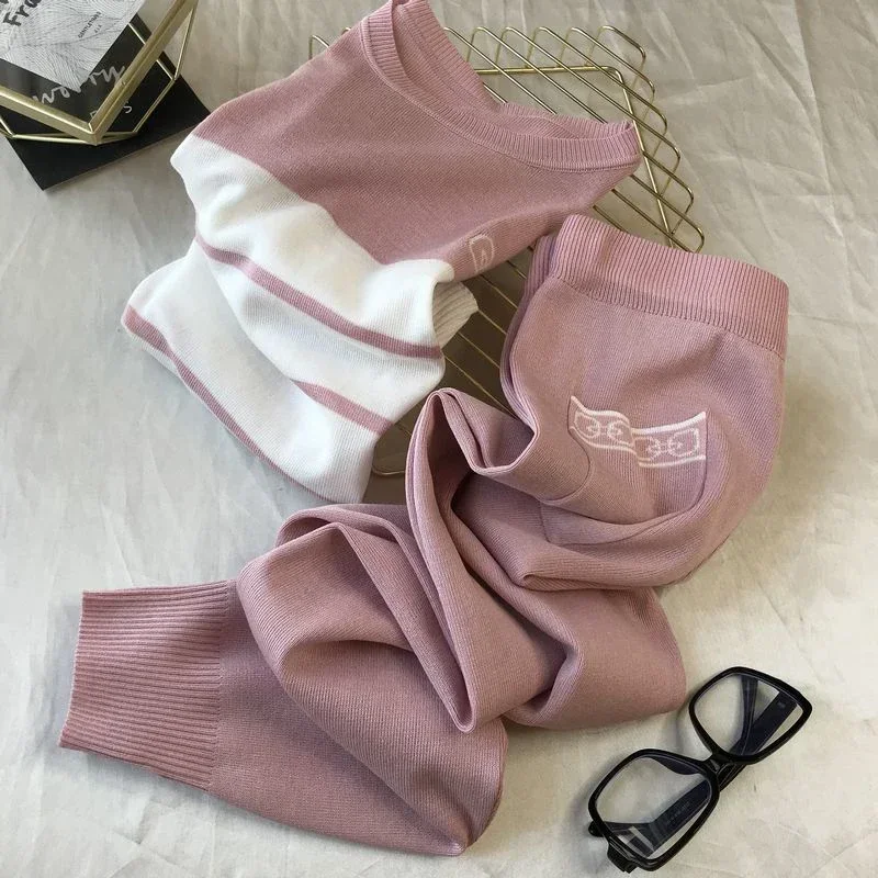 Summer Knitted Tracksuit Women Butterfly Contrast Color O-neck Short Sleeve Tops + Elastic Pencil Pants 2 Piece Woman Set Korean