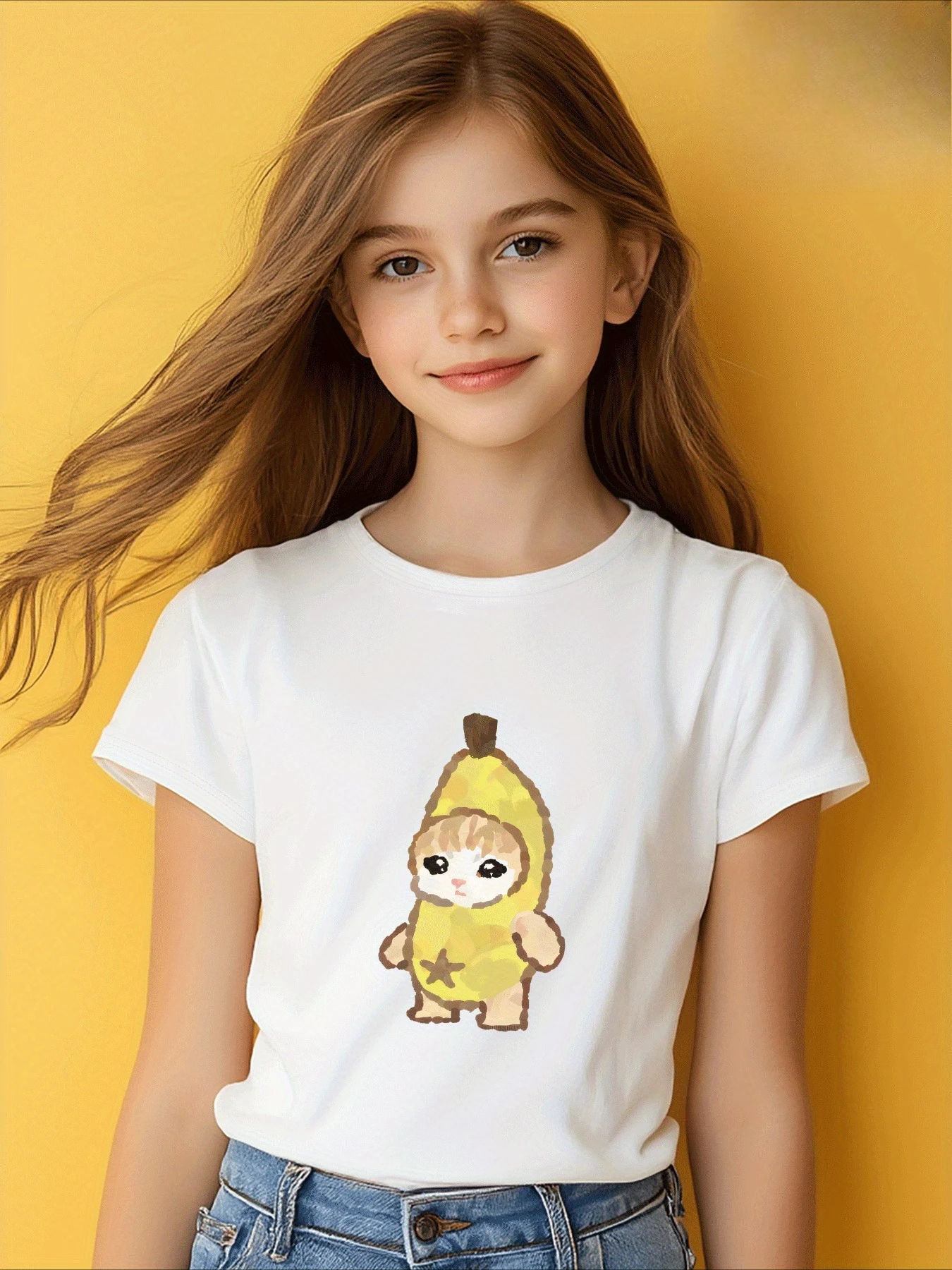Adorable Banana Cat Print Pink Short Sleeve Girls' round Neck Shirt Cute Summer Casual Crew Neck Tee with Fun Cartoon Design