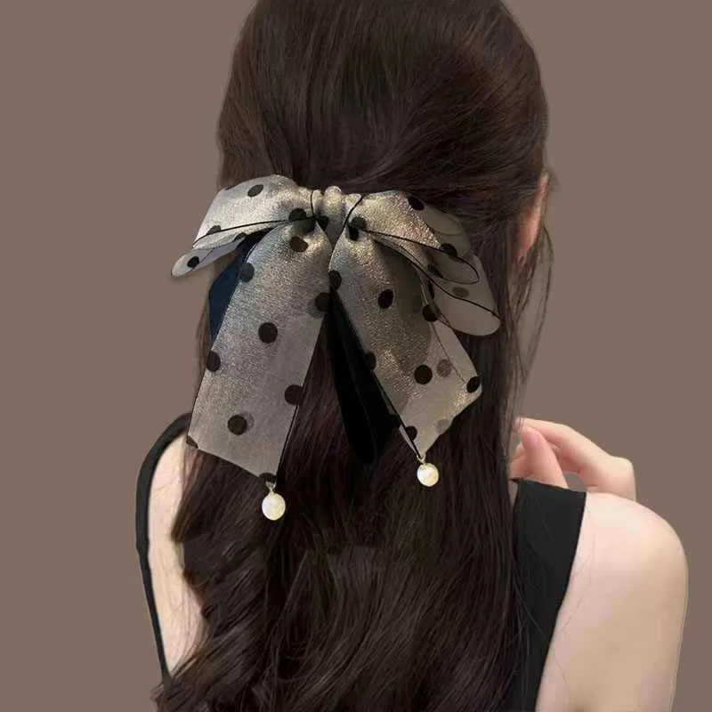 Bow Polka Dot Pearl Ponytail Hair Clip Sweet Cute Multi Layer Half Up Premium Korean Style For Women Daily Home