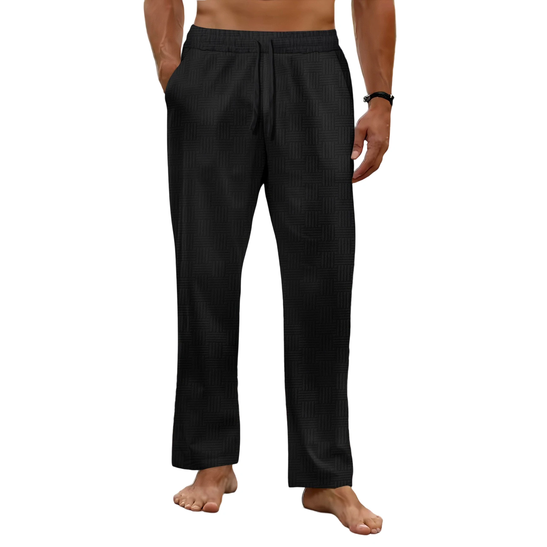 

Men s Casual Jacquard Pants Solid Color Drawstring Waistband Wide Leg Beach Trousers