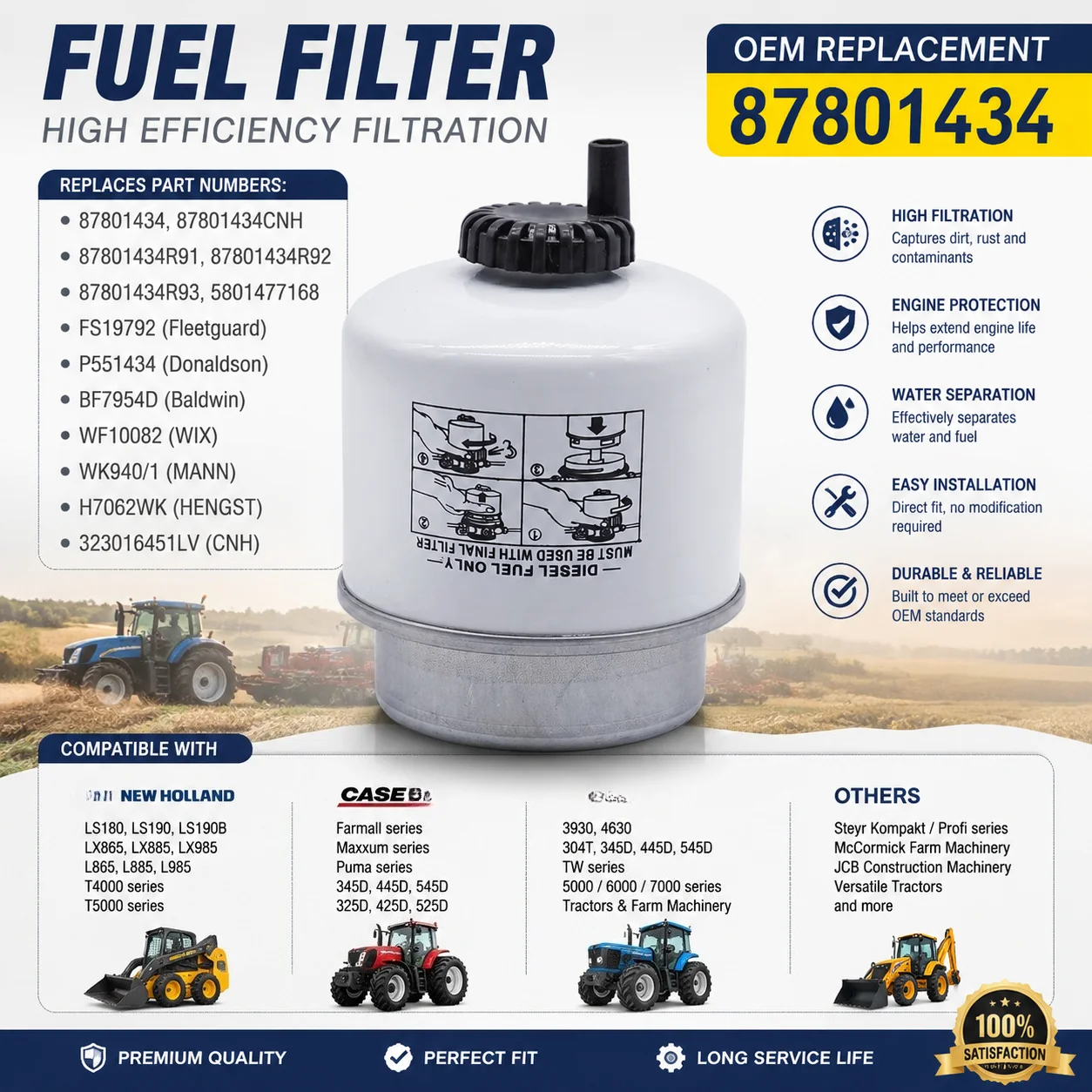 Filtro de Combustible 87801434, Reemplazo para FS19792 WF10082 BF7954D, para New Holland LS180 LX885 LS190 LX985 Ford 3930 4630 Case 345D Tractor