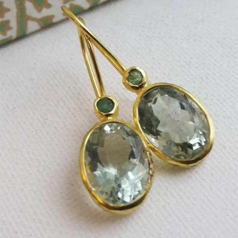 ORZTOON Fashion Creative Gold Color Oval Inlaid Green Color Crystal Hang Earrings For Women Personal Birthday Party Earrings