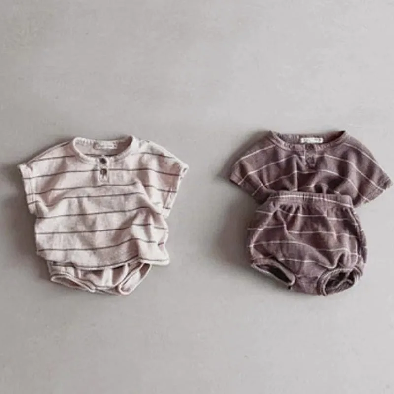 New Kids Short Sleeve Suit Striped Girls Boys Set Summer Tops+short Waffle Baby Clothes T-shirts Baptism Children's Wear IY12312