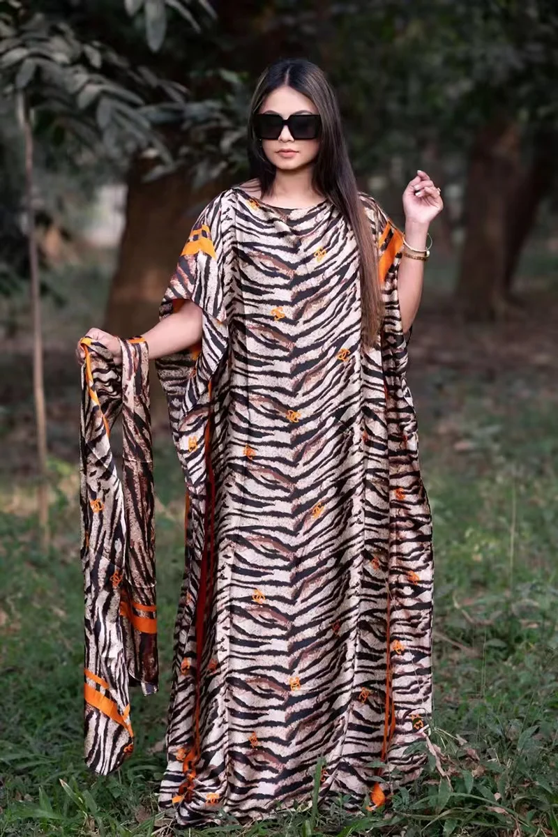 2024 New Rayon Fashion Oversize African Women Clothing Dubai Dashiki Abaya Free Size Print Design With Scarf Loose Long Dress