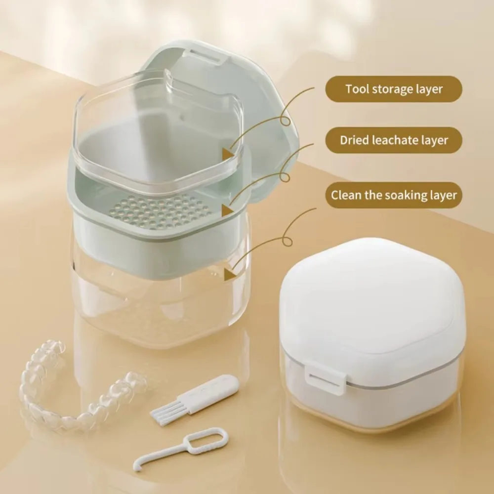 Invisible Orthodontic Retainer Case Denture Cleaning Portable Dental Braces Storage Box Sealed 2 Layer False Teeth Container