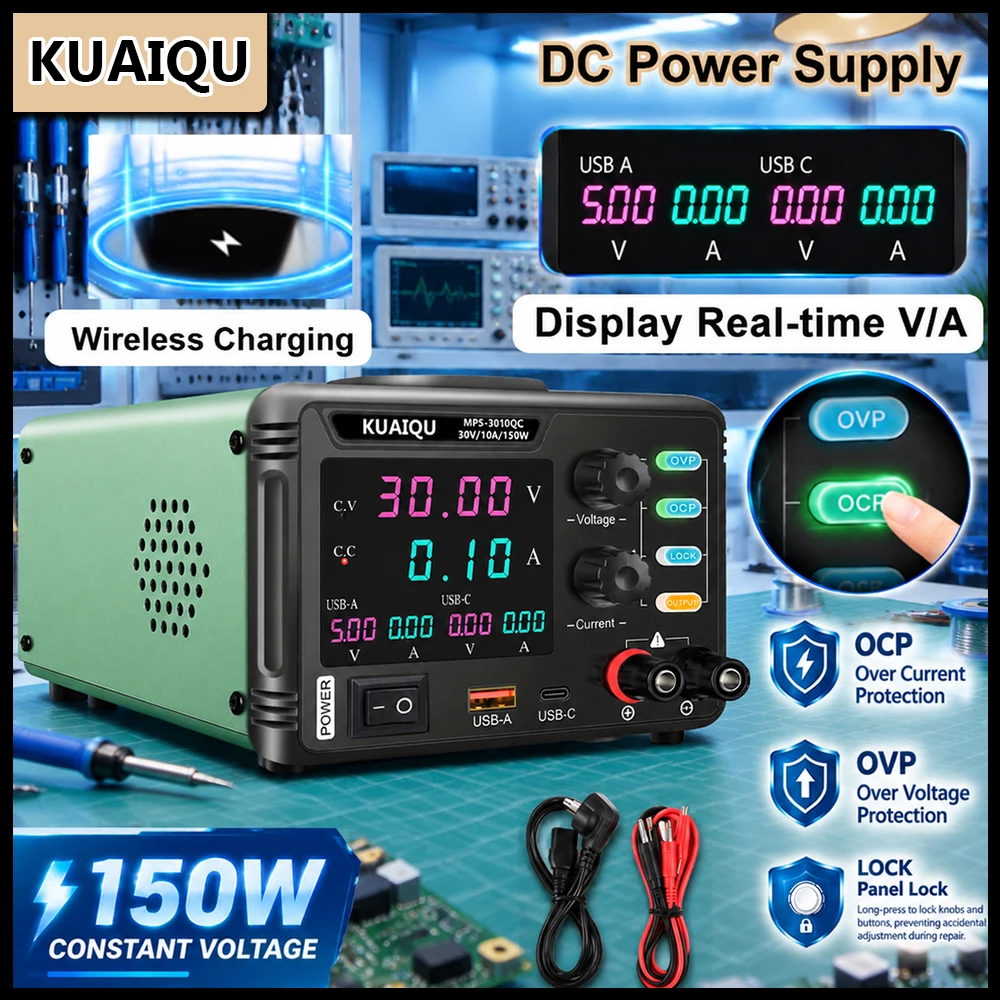 DC 30V Bench Power Supply Adjustable 150W Wireless Charging OVP OCP Dual USB V/A Monitor Lock Output 60V 120V for Phone Repair