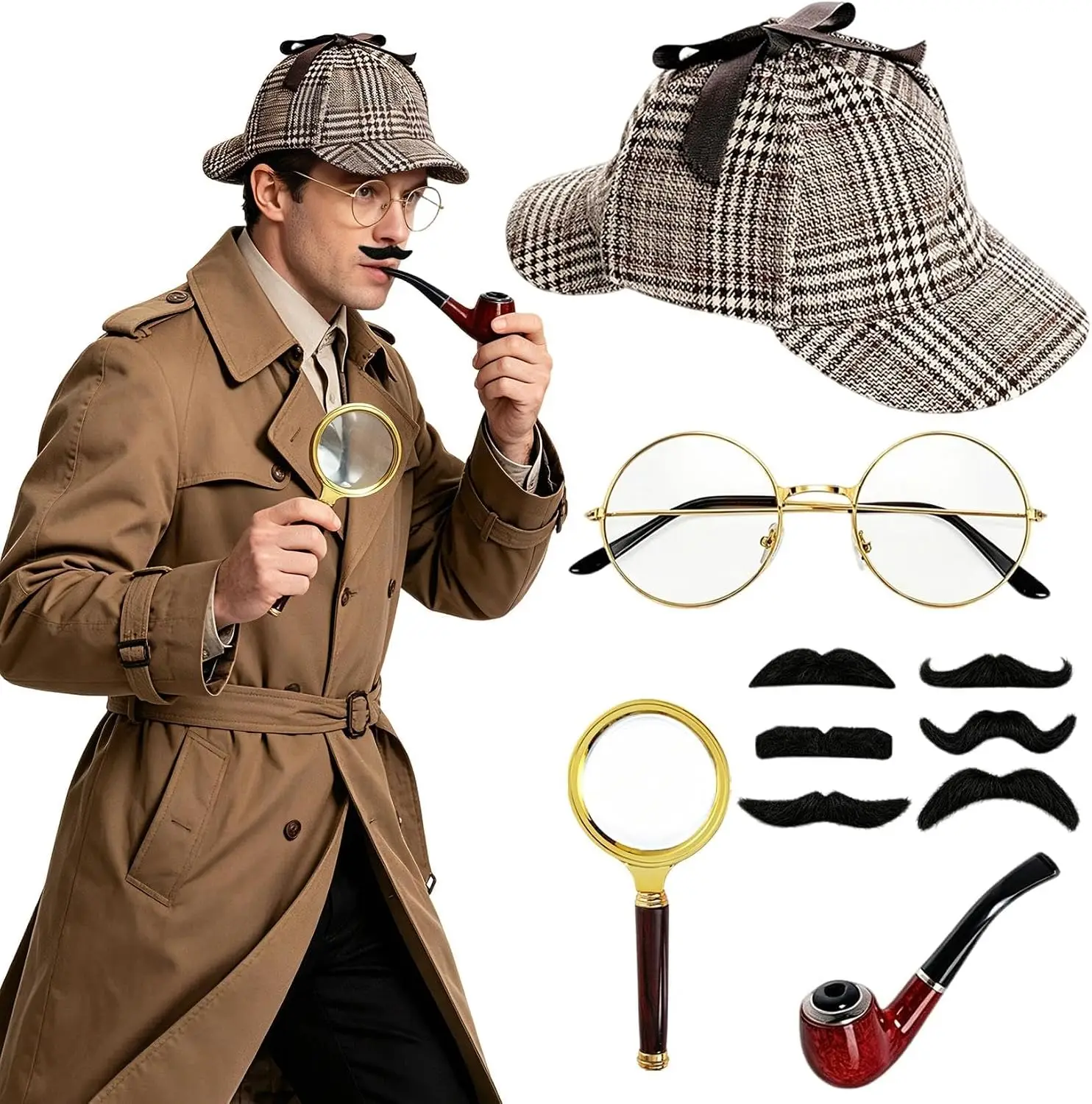 Detektiv-Cosplay-Zubehör-Set: Hut, Pfeife, Lupe, Schnurrbart, Brille, Halloween-Party-Kostüm-Requisiten für Erwachsene Männer und Frauen