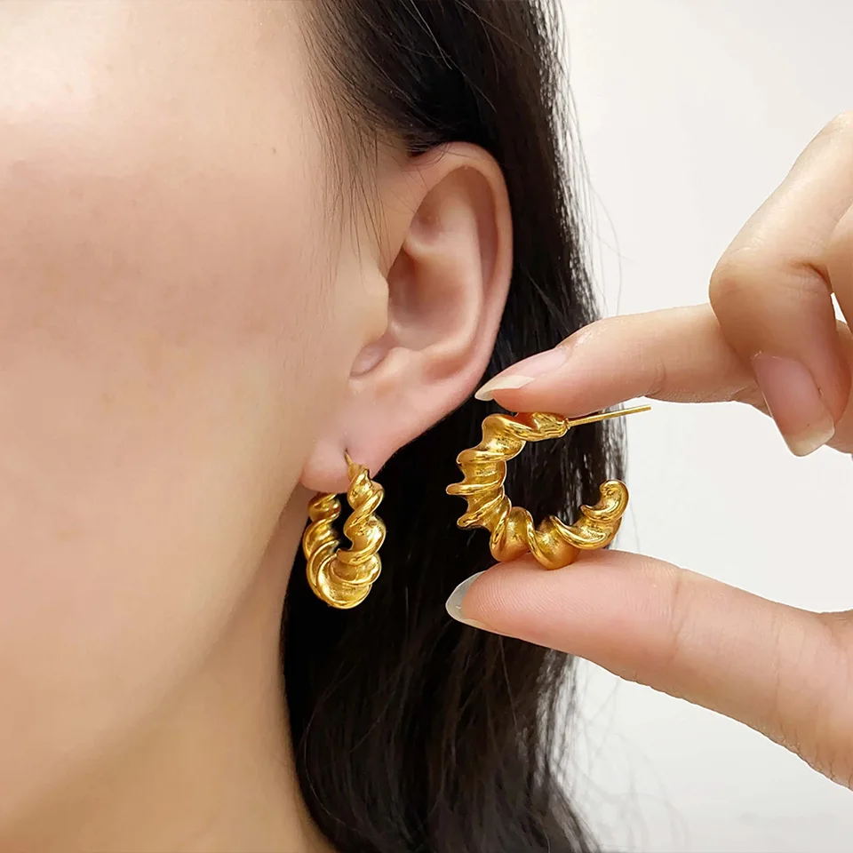 St-Delan Vintage Stainless Steel 18K Gold Plated Chunky Hoop Earrings Women Croissant Twisted C-Shape Hoops Tarnish Free Jewelry