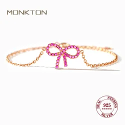 Monkton S925 Sterling Silver Pink Zirconia Bow Bracelet for Women Y2K Style Rose Gold Plated Bowknot Bracelet Jewelry 리본반지