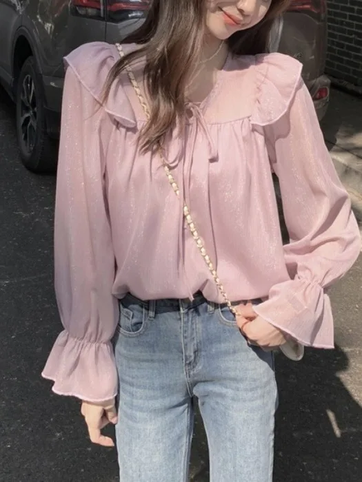 

Korean Gentle Sle Loose Belted Long Sve V-Ne Design Retro irt Women's Top Faionable Vintage Look Casual Blouse