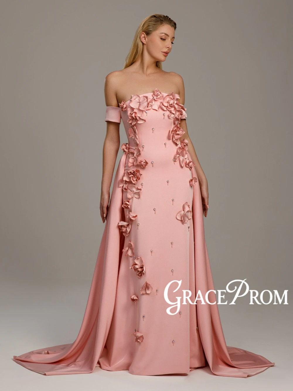 

Pink Off Shoulder Satin Evening Gown With 3D Floral Appliques Romantic Classy Floor Length With Train Formal Party Prom Dress