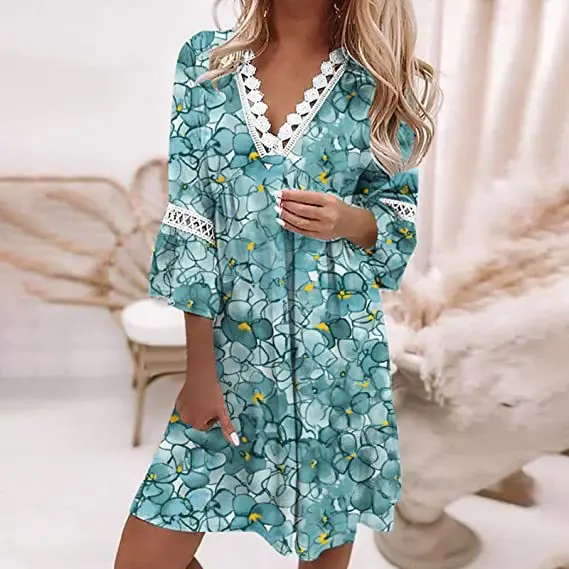 Women's V-Neck Printed Lace Patchwork Loose Comfortable Bohemian Dresses