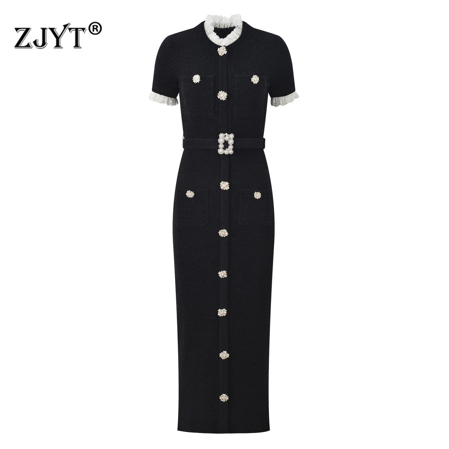 

ZJYT подиумная мода с рюшами и кружевным воротником миди черные платья для женщин элегантное дизайнерское однобортное вечернее платье с короткими рукавами