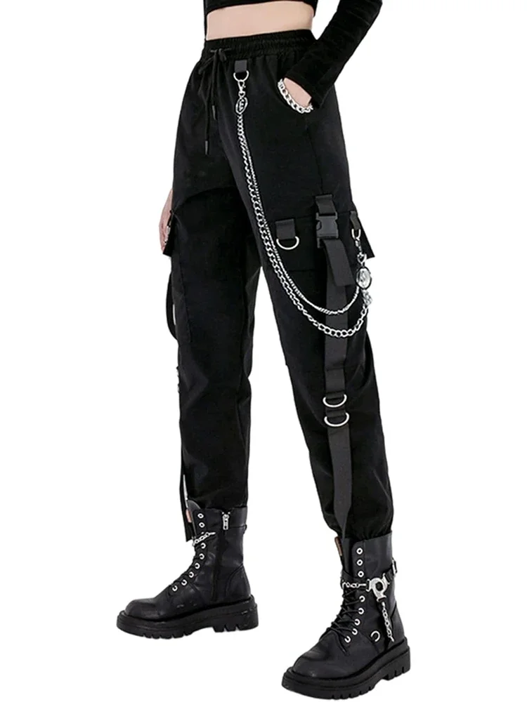 Cargo Pants with Chain for Women Loose Fit Techwear Hip Hop Streetwear Joggers Trousers Female Black Sports Cargo Sweatpants