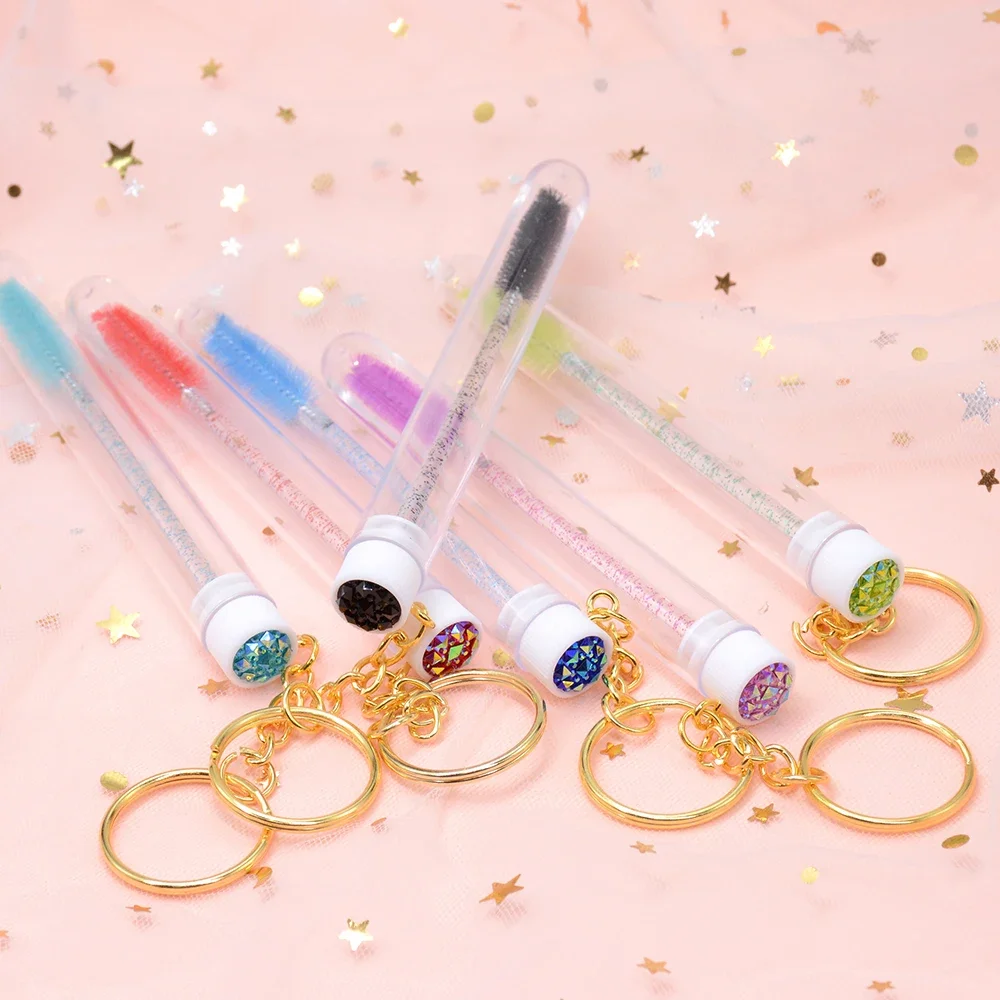 10pcs Reusable Eyelash Brush Tubes With Gold Keychain Sparkling Lash Mascara Wands In Tubes Container Lash Spoolies Comb Brushes