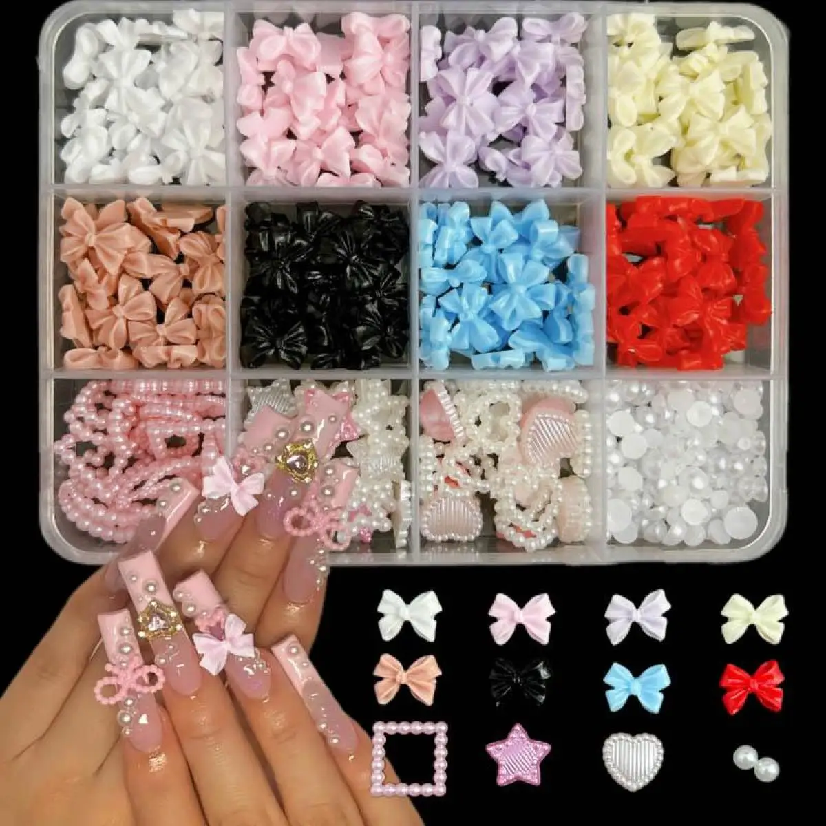 

1Box Resin Sweet Multi-Color Bow Semi-Circular Pearl Nail Charms 3D Hollowed Out Heart Square Nail Art Decoration Manicure DIY