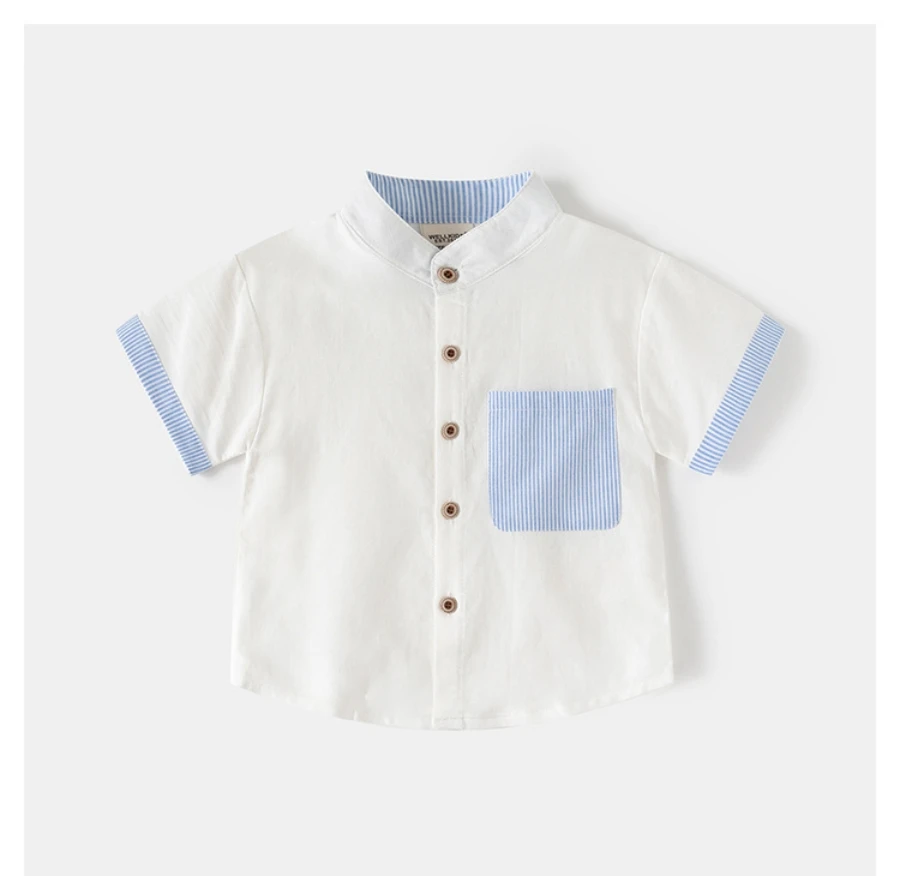 2026 Summer 2T-6T Korean Childrens Clothing Blue and White Striped Pattern Shirt for Boys kids Stand Collar Shirt