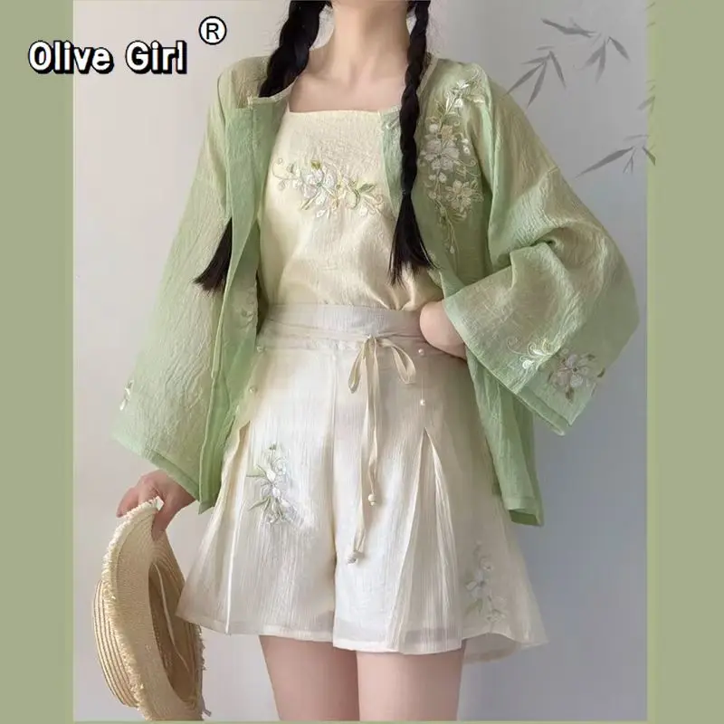 Olivegirl Improved Hanfu Set Round Neck Shirt Embroidered Flowers Elegant Suspender Shorts Daily Spring Summer Women's Clothing