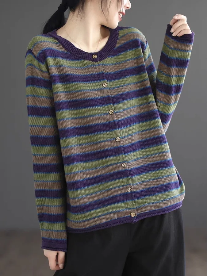 Cardigan aberto de malha de algodão artístico retrô plus size feminino listrado cor blo ort suéter jaet top para outono inverno