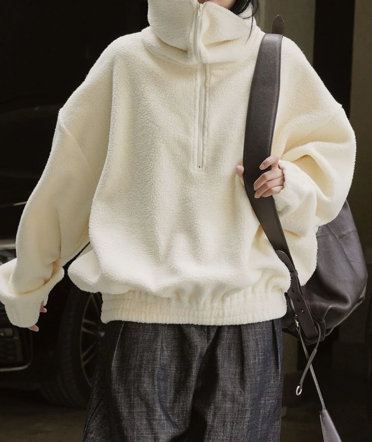 2025 Big Collar Half Zipper Fleece Hoodie Women's Autumn and Winter New Collection Hoodie Loose Top