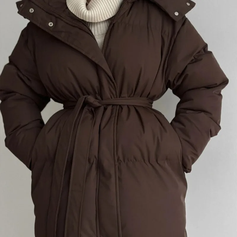 European American casual waist-cinching hooded mid-length bread cotton-padded jacket women thickened cotton-padded jacket brown