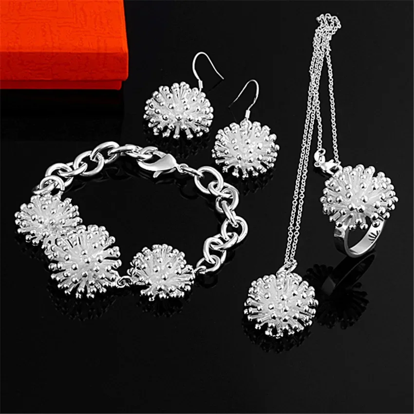 Hot Street Fashion 925 Sterling Silver Pretty Flower Pendant Necklace Earring Bracelet Ring Jewelry Set For Women Party Gifts