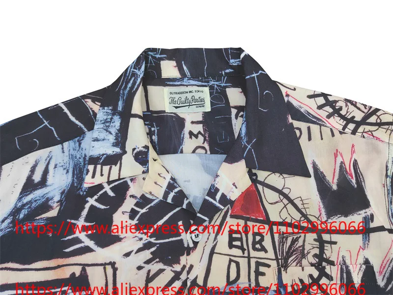 Hot New WACKO MARIA Graffiti Print Men's Shirt Short Sleeved Button Up Streetwear Loose Casual Fashionable Top