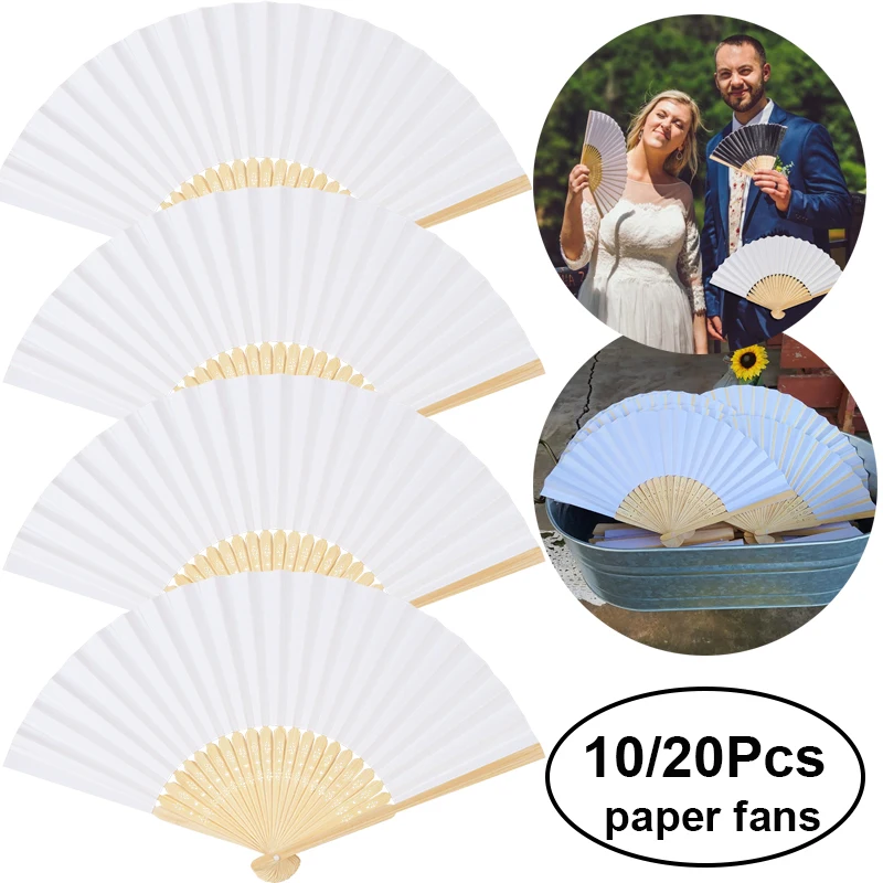 10/20Pcs White Folding Paper Fan Chinese Bamboo Hand Fan Wedding Gifts For Guest Baby Shower Birthday Hawaii Party Favors Crafts